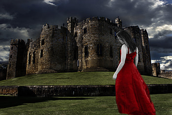 gothic _ castle, greenery, beautiful, girl, castle, dress HD wallpaper