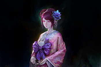 Oriental girl, san tez, kimono, black, asian, girl, purple, pink, fantasy, luminos HD wallpaper