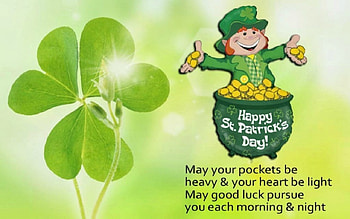 Happy Saint Patrick's Day, shamrocks, leprechaun, Saint Patricks Day, quote, gold, top hat, Happy Saint Patricks Day, money, coins, hat, pot, words, saying, text, gold coins, Patricks Day, clovers HD wallpaper