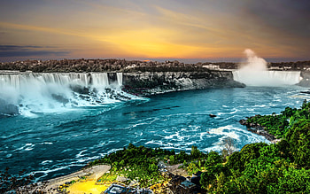 Sunrise on the Niagara Falls, river, waterfalls, canada, usa HD wallpaper