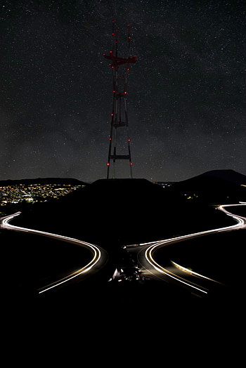 Night, Lights, Dark, Road, Hill, Tower HD phone wallpaper