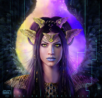 By mercy, purple, fantasy, art, face, angel, girl, creature HD wallpaper