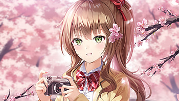 Green Eyes Brown Hair Anime Girl With Camera Sakura Blossom Tree Anime Girl HD wallpaper