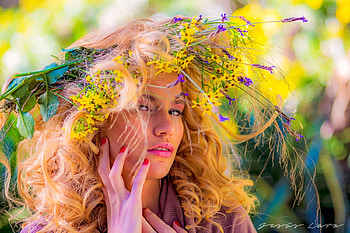 Marina Martos, model, girl, woman, summer, pink, flower, green, yellow, jesus lara, hat HD wallpaper
