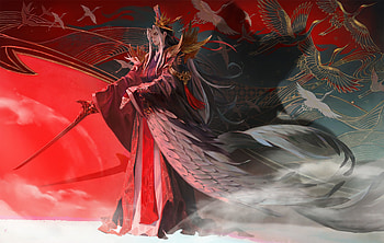 Crane nobleman, wings, white, fantasy, red, man, kooka, crane, nobleman, bird HD wallpaper
