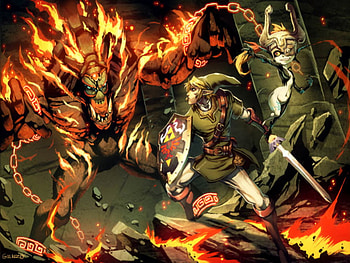 the big boss, videogame, goron, sword, boss, nintendo, fight, link, demon, shild, video game, minda, zelda, fire, chains HD wallpaper