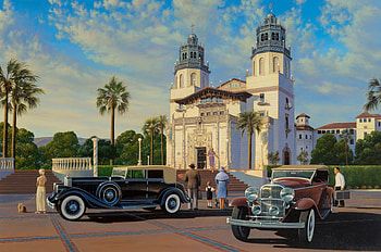 Pierce Arrow at the Hearst Castle, painting, cars, castle, palm trees, art deco HD wallpaper