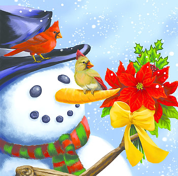 Snowman, bird, art, craciun, painting, red, pictura, flower, christmas, pasari HD wallpaper