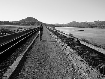 railtrack girl, sea, girl, railway, female, mountain HD wallpaper