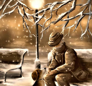 The old Man and his Dog, Man, Painting, Winter, Dog HD wallpaper