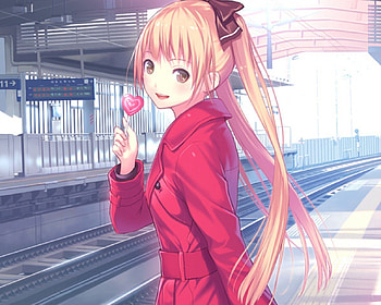 the station, train station, coat, sweet, jacket, cute, girl, railway, long hair, lollipop, candy, anime girl, anime, red, female HD wallpaper