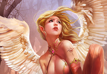 Angel, wings, blonde, yungpeng li, girl, wind, feather, fantasy, luminos HD wallpaper