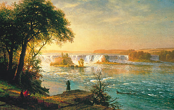 Landscape, blue, Albert Bierstadt, art, orange, tree, painting, pictura, texture, luminos, water HD wallpaper