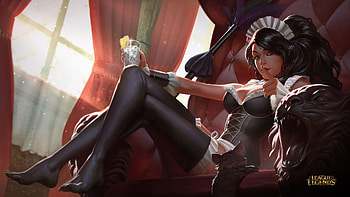Nidalee (League Of Legends), Video Game, League Of Legends, Corset, Drink, Glass, Headdress, Maid, Thigh Highs HD wallpaper