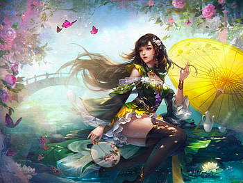 Flight of the Butterflies, digital, art, fantasy, , parasol, garden, girl, woman, pretty HD wallpaper