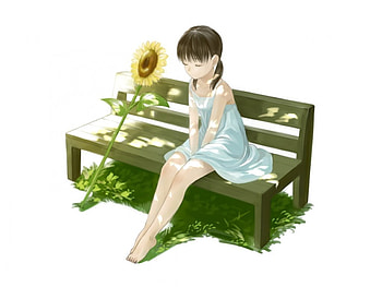 Sunflower Companion, cute, floral, long hair, dress, sunflower, flower, female, sundress, plain, bench, white, girl, kawaii, anime girl, simple, anime, brown hair HD wallpaper
