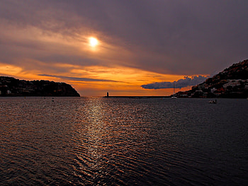 Nature, Sunset, Mountains, Sea, Sun, Clouds, Lighthouse, Bay HD wallpaper