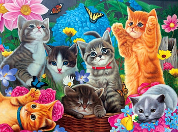 Playtime in the garden, sweet, colorful, cats, garden, cute, play, kittens, basket, funny, flowers, adorable HD wallpaper