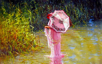 Grace and Beauty, serene, lady, digital, reflection, painting, water, female, art, parasol, figure, girl, beautiful, woman, pink, fantasy, costume, pretty, nature, victorian HD wallpaper