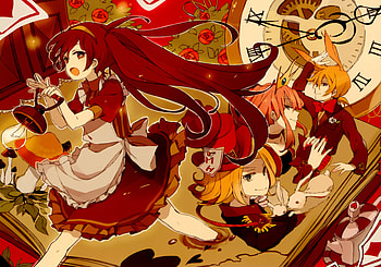 Vocaloid Miku in wonerland, hatsune miku, megurine luka, kagamine rin, vocaloid, kagamine len, alice in wonerland HD wallpaper