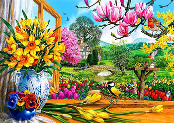 Let Nature In, trees, flowers, nature, window, puzzle HD wallpaper