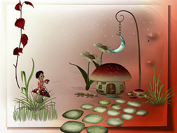 cottage with a mushroom, sweet, house, grass, alf, mushroom, rocks, moon, fancy, flowers HD wallpaper