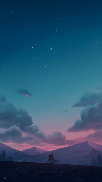 Art, Mountains, Night, Vector, Silhouettes, Bicycle HD phone wallpaper