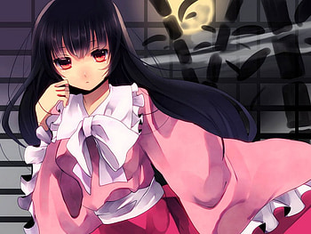 Kaguya, Moon, Touhou, Anime, Black Feathers, Original, mihatarou, Black Hair, Cute, Girl, Sweet, Pink Kimono, Dark, Houraisan Kaguya, Long Hair, Brown Eyes HD wallpaper