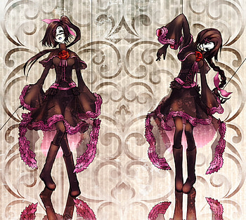 Moira, two girls, string, mask, purple hair, lolita fashion, short hair, long hair, gothic lolita HD wallpaper