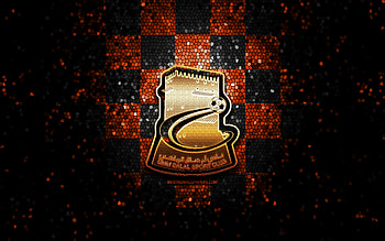 Umm Salal SC, glitter logo, QSL, orange black checkered background, soccer, qatari football club, Umm Salal logo, mosaic art, football, Umm Salal FC HD wallpaper