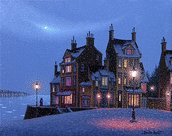 By Denis Nolet, winter, night, blue, painting, art, denis nolet, snow, village HD wallpaper