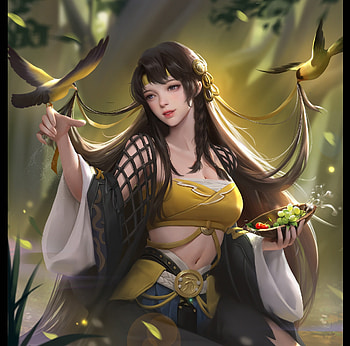 Fantasy girl, green, burd, bird, fantasy, yellow, yiqian zhang, girl HD wallpaper