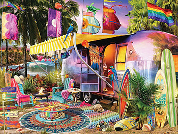 Beach Camper, caravan, surfboard, parrots, chairs, dog, painting HD wallpaper