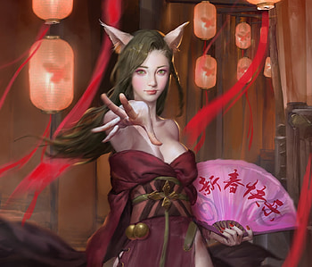 Ahri, art, girl, fox, fan, hand, pink, hand fan, fantasy, tong zhuo, league of legends, luminos, lantern, nine tails HD wallpaper