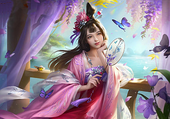 Butterfly Whispers, art, fantasy, girl, woman, veils, , butterflies, digital, pink, pretty, lamamake HD wallpaper