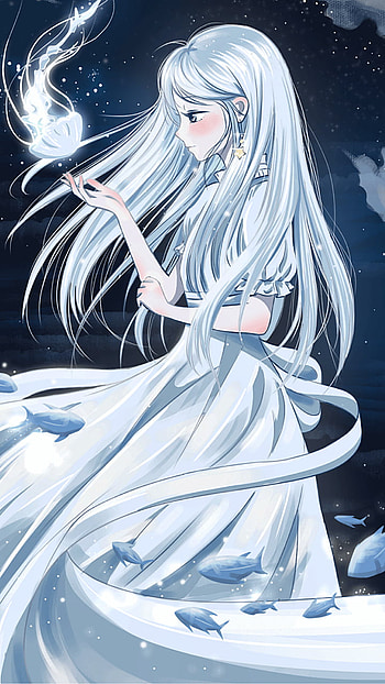 Anime girl, hair, jellyfish, star, fish, water HD phone wallpaper