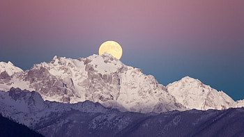 moon rise over majestic mountain, winter, moon, forest, mountain HD wallpaper