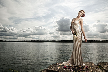 Beauty, model, flower, sky, girl, dress, water, woman, cloud HD wallpaper