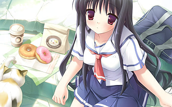 Cute anime school girl, Red hair, red eyes, cat, school outfit HD wallpaper