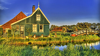 Cities, Rivers, Grass, Sky, Summer, Small House, Lodge, Village, Bridge, r HD wallpaper