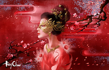 Chinese mask, frumusete, chow kay, mask, asian, chinese, girl, fantasy, red, luminos HD wallpaper