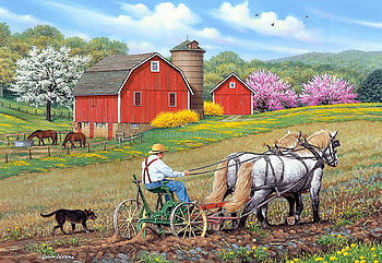 Working together, dog, barn, man, spring, painting, field, trees, blooming, plow HD wallpaper