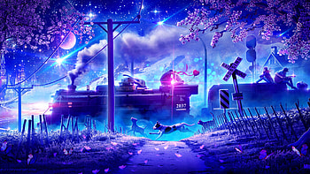 Next stop Wonderland, night, blue, dog, train, spring, pink, fantasy, moon, flower, couple, luna, mr ripley, luminos, blossom, caine HD wallpaper