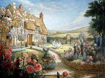 Country Estate, dog, daughter, chairs, painting, sheep, trees, quality time, wall, table, hills, water fountain, gate, house, garden, stones, mother, flowers, trellis HD wallpaper