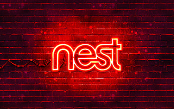 Google Nest red logo, , red brickwall, Google Nest logo, brands, Google Nest neon logo, Google Nest HD wallpaper