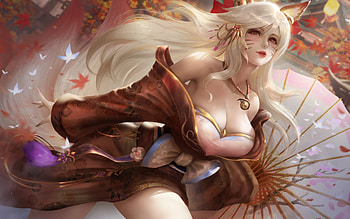 Ahri, kitsune, nine tails, fantasy, parasol, vulpe, girl, fox HD wallpaper