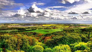 beautiful view of fields to the sea r, sea, clouds, fields, r, forest HD wallpaper