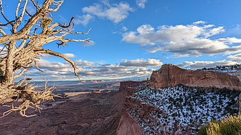 View behind Mesa arch at Canyonland National Park, utah, snow, clouds, trees, landscape, sky, rocks, usa HD wallpaper