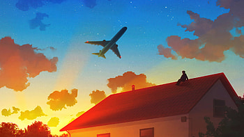 Flight over house, anime, original HD wallpaper