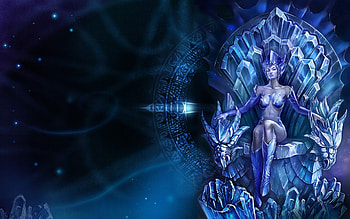 Ice Queen, crown, blue skin, fantasy, dragon heads, throne, woman, ice HD wallpaper